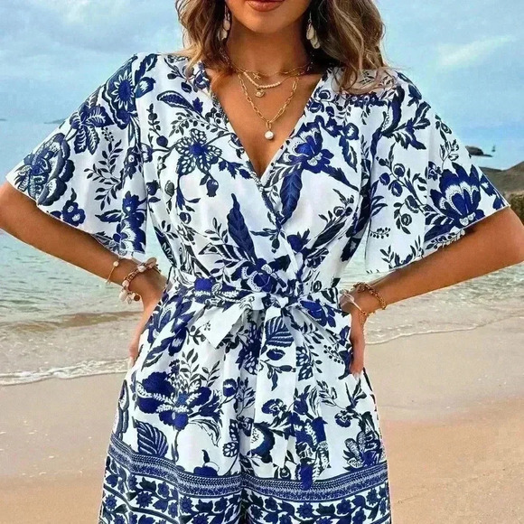 Multicolor Boho Womens Women's Plant Printed Jumpsuit - Picture 4 of 6